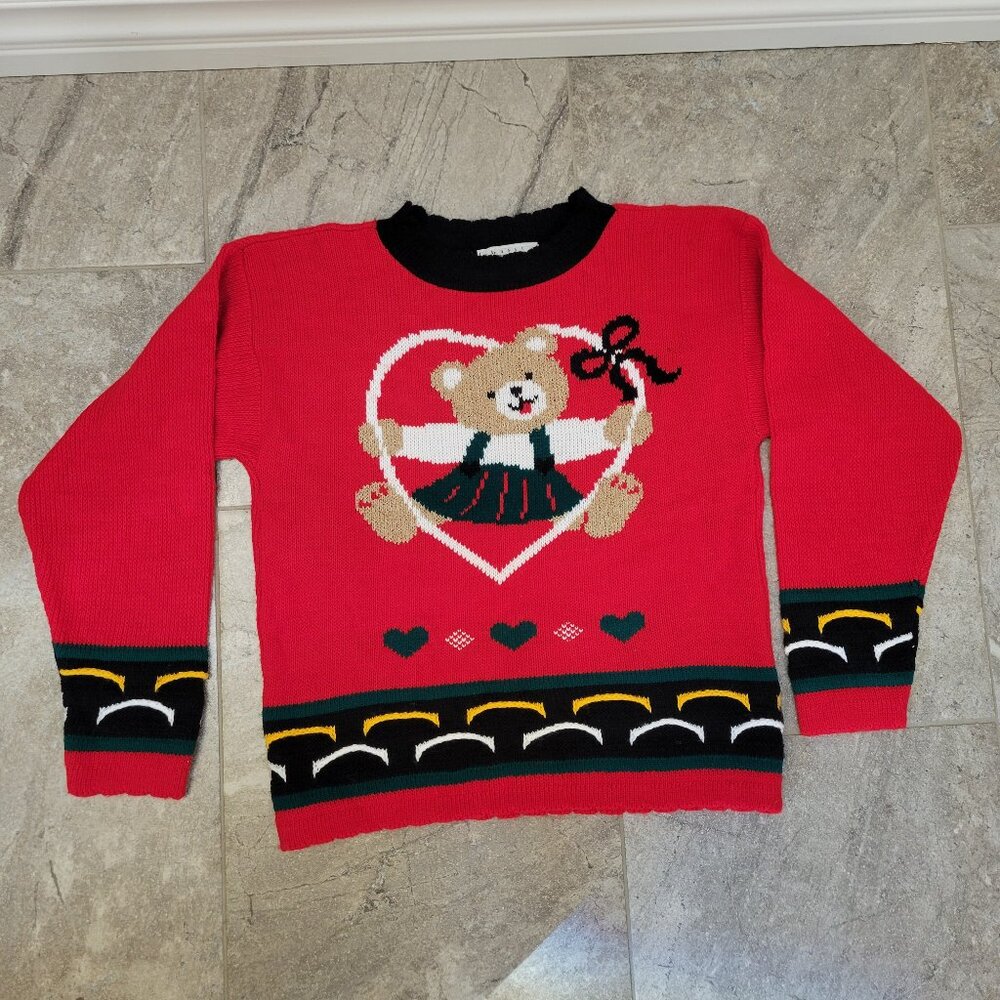 Vintage Basic Editions Teddy Bears Christmas Hearts Sweater small Red